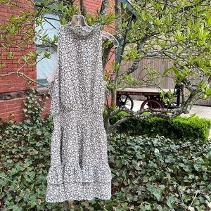 Flower Floral Print Ruffle High Neck Cinched Waist Dress S